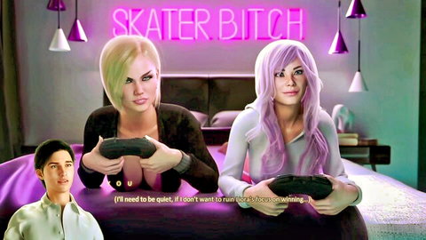 Two sexy anime gamer babes with huge tits playing controllers on bed with guy under skater bitch neon sign