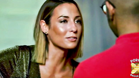 Hot brunette in sparkly low-cut dress flirts intimately with black stud in Pornbaque shirt