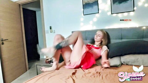 SirenaSweet solo POV masturbation, big tits bouncing to orgasm in red dress