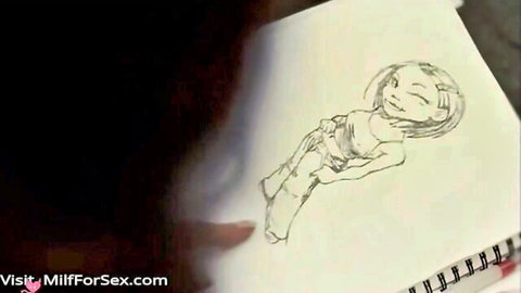 Hand holding amateur sketch of smiling anime babe spreading legs exposing pussy and tits