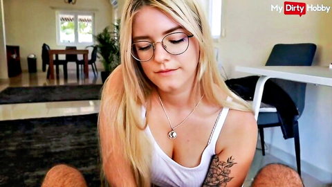 Stunning blonde with glasses in white tank top, sensual pose on MyDirtyHobby