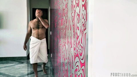 Bald hairy man in towel after August Skye's hot POV blowjob