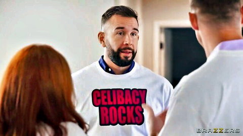 Angela White & Will Pounder in 'Celibacy Rocks' shirts, teasing Brazzers latex footjob scene