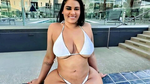 Curvy Latina in white bikini posing by pool, thick ass and big tits