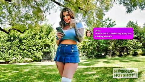 Lolly Dames teases in mini skirt and stockings outdoors