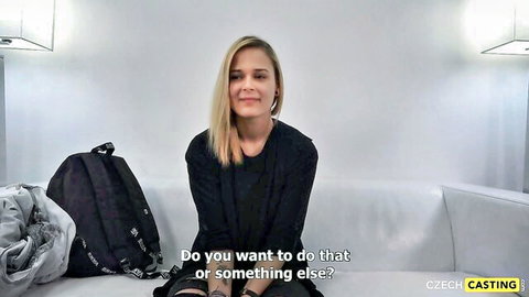 Blonde Virgina smiling invitingly in her first lesbian pussy eating adventure