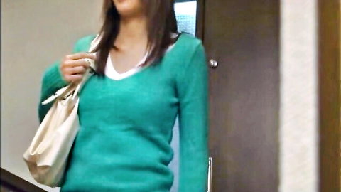 Sneaky Asian woman in teal v-neck sweater with purse at door - parody visit