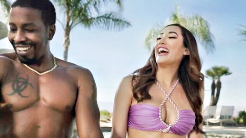 Chloe Amour in purple bikini with muscular ebony stud, Nicole Aniston threesome tease
