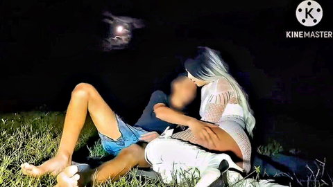 Ginger newbie in white dress dominated outdoors under moonlight by partner