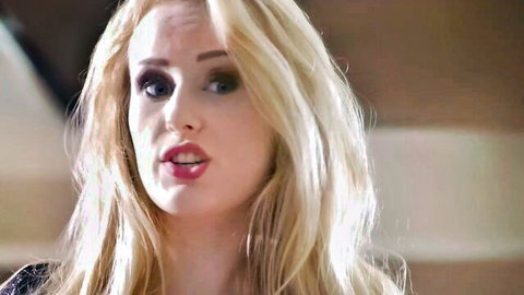 Angel Wicky blonde model intense close-up gaze in threesome scene