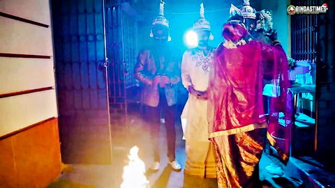 Desi Indian women in traditional sarees and men in turbans for suhagrat roleplay scene