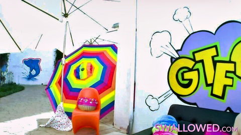 Chloe Cherry teases in colorful outdoor setup for Swallowed blowjob scene