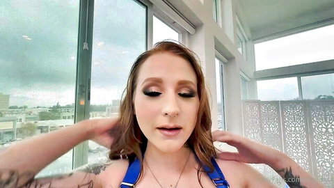 Skye Mae redhead in blue harness, freckled beauty posing nude upper body
