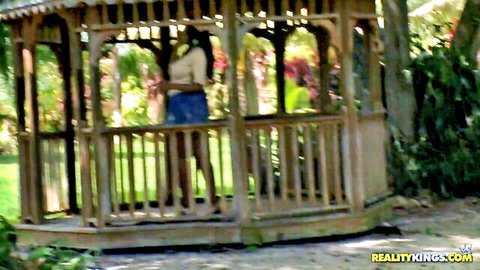 Ebony babe in tight skirt and top posing seductively in tropical gazebo craving big cock