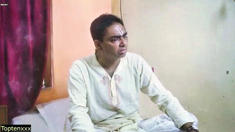 Desi elder monk in traditional white kurta, thoughtful pose in hardcore village roleplay video