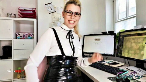 Blonde GypsyPage in sexy white blouse and black latex corset, teasing in POV office domination