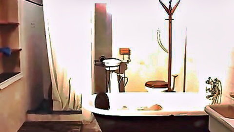 Muscular babes in steamy bath sharing bisexual action
