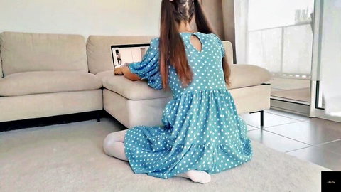 Stepdaughter in short polka dot dress and white stockings caught masturbating on floor