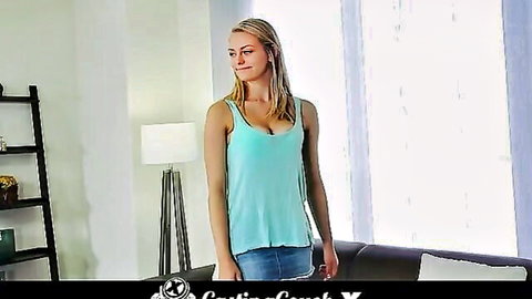 Blonde cutie with perfect body in tight tank top and jeans, teasing before banging