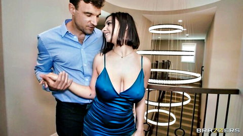 Hailey Rose in sexy blue dress embraced by man, Skylar Snow group scene tease
