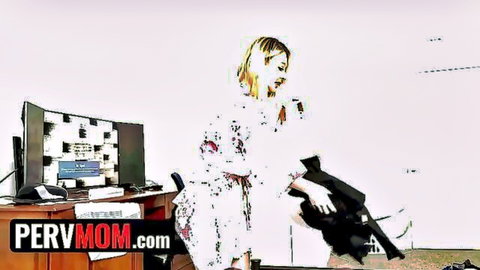 Laura Bentley teasing in revealing white blouse, blonde MILF at desk