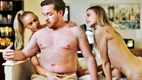 Emma Hix and blonde with Kyle Mason in nude threesome tease