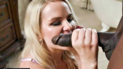 Blonde MILF eagerly sucking Jax Slayher's big black cock
