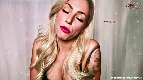 JustLucy blonde with tattoos in solo deepthroat cum fetish closeup