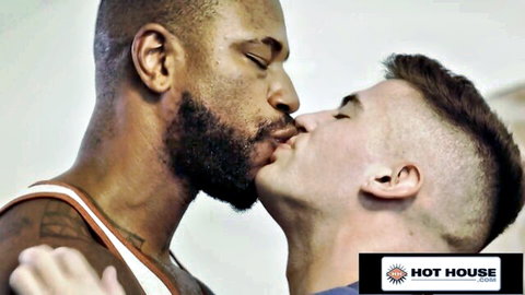 Trevor Brooks and Reign in steamy interracial gay kiss with ebony bodybuilder