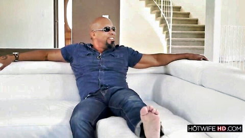 Muscular black man in denim lounging, teasing Tina Kay BBC interracial video