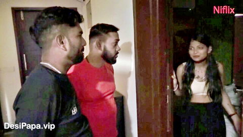 Sexy Indian babe in white bra and black shorts teased by two guys in doorway