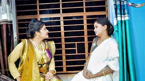 Busty pregnant Indian women in sarees chatting intimately before hardcore creampie