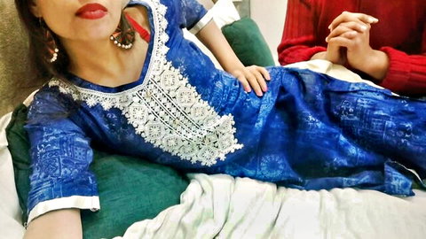 Desi model Mari in seductive blue salwar kameez, teasing pose with touch