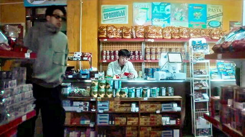 Asian convenience store scene with men at counter, setup for ballerina monster cock ballet