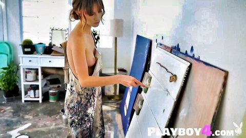 Stunning topless MILF in sparkly dress exposing perfect body with paint