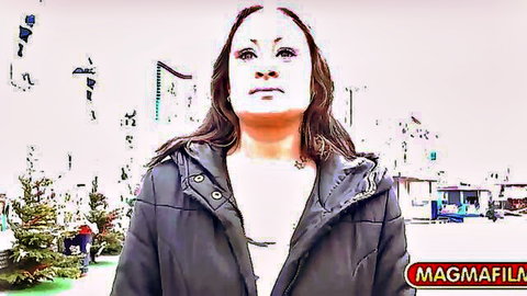 Busty MILF in jacket on urban street for hardcore pickup fuck