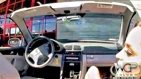 Seductive blonde babe teasing closeup in white Mercedes convertible at Walmart