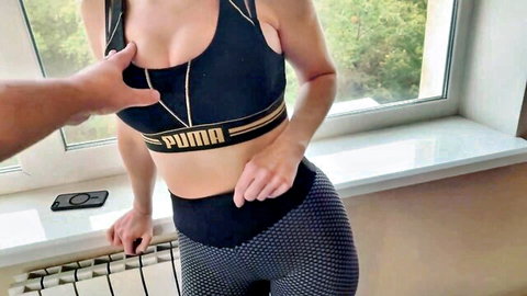 Nellyborsh Russian amateur in Puma sports bra, groped breast by hand