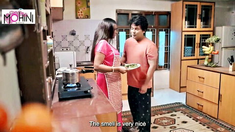 Indian Bhabhi in kitchen apron cooking with stepson, desi couple tease