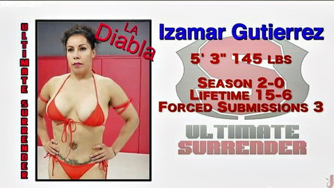 Izamar Gutierrez as Diabla in red bikini, Ultimate Surrender domination with Charlotte Sartre