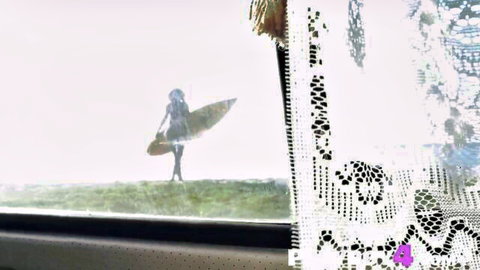 Azura Grace nude silhouette posing with surfboard outdoors through window
