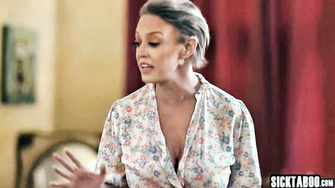 Silver-haired MILF in open floral blouse showing deep cleavage while gesturing seductively