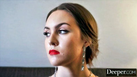 Freya Parker elegant profile with red lips and jewelry, Deeper studio