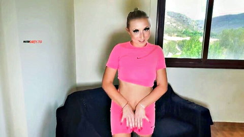 Taiga LaLoca teases in pink Nike crop top, big tits and ponytail, POV style