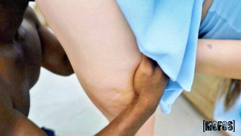Muscular black hand gropes curvy white blonde's thick thigh under hiked blue dress interracial tease
