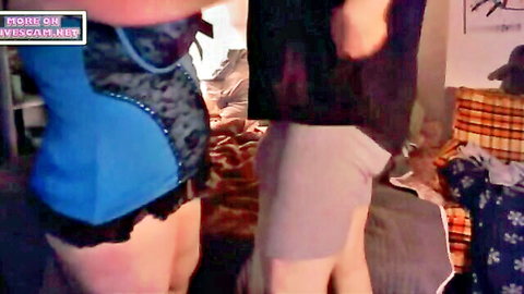 BBW wife in blue lingerie bends over showing huge ass near husband in gray shorts