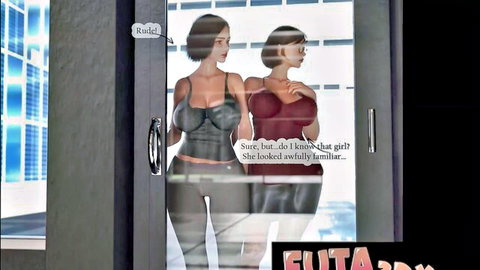 Two busty 3D CGI futa babes in skimpy lingerie posing seductively at glass door