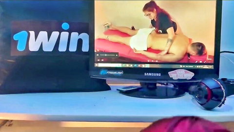 Redhead in black top straddles tattooed guy's bare ass with white briefs pulled down