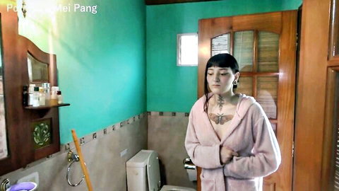 Mei Pang in pink robe, tattooed Asian beauty teasing in POV bathroom scene