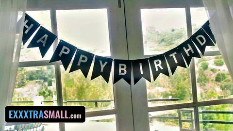 Pierce Paris birthday banner setup in sunny room, Exxxtra Small tease